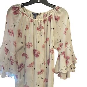 Chaps Floral Ruffle Sleeve Blouse Top Pink‎ White Small S